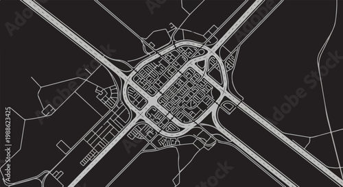 A stylized, high-contrast aerial view depicts a complex road network intersecting urban blocks