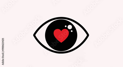 A stylized eye with a red heart in the pupil on a pale background