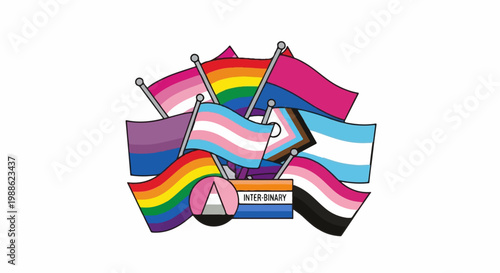 A vibrant collection of diverse pride flags waved together, celebrating inclusivity and identity