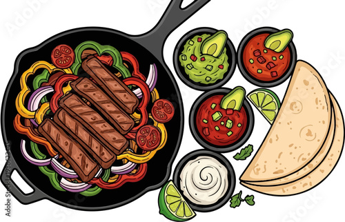 Sizzling grilled meat and colorful vegetables in a cast iron skillet with dips and tortillas