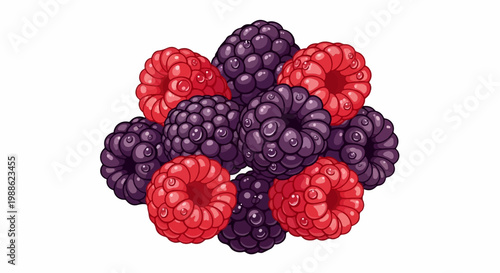 A close-up pixel art illustration shows a vibrant cluster of ripe raspberries and blackberries
