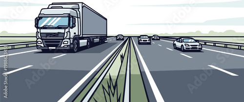 A truck and cars drive on a highway under a cloudy sky