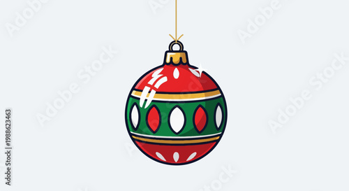 Festive red, green, and gold Christmas ornament with patterned details, hanging by a thread