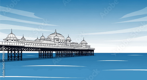 A stylized drawing of a grand pier jutting out into the blue ocean under a cloudy sky