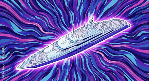 A luxurious yacht glides through a vibrant, abstract psychedelic ocean of purple, pink, and blue waves