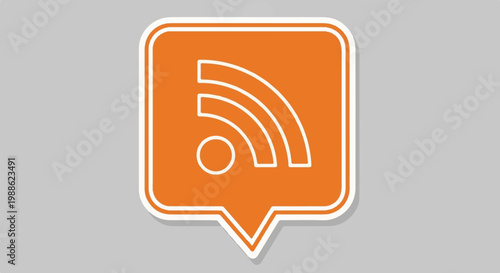 Orange speech bubble icon with white RSS feed symbol against a gray background