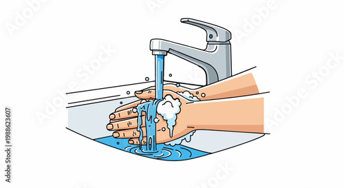 A faucet pours water over soapy hands in a sink, creating bubbles and splashing