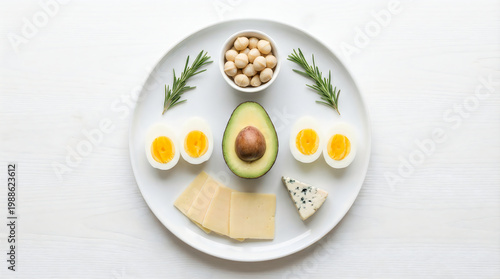 Healthy ketogenic diet food plate with avocado, boiled eggs, macadamia nuts, cheese, and rosemary isolated on white background