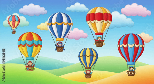 Colorful hot air balloons with smiling figures float peacefully across a serene sky above rolling hills