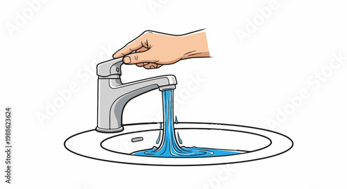 Hand turning on faucet, water flowing into sink basin
