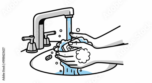 Cartoon illustration of hands being washed with soap under a running faucet in a sink, creating bubbles