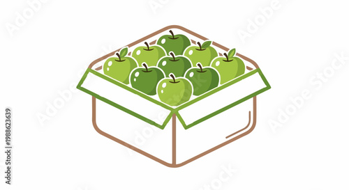 A simple cartoon illustration of a brown cardboard box filled with bright green apples