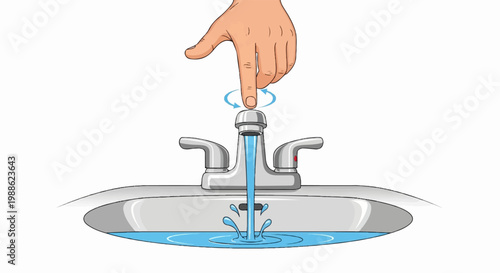 Finger turns on faucet, water flows into sink