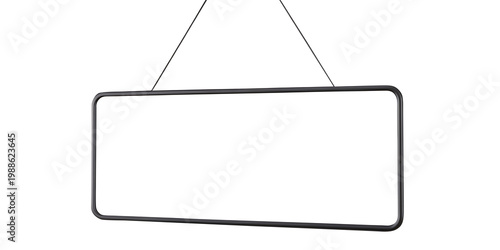Blank white board, wall mounted hanging signboard transparent background, signboard hanging on rope.