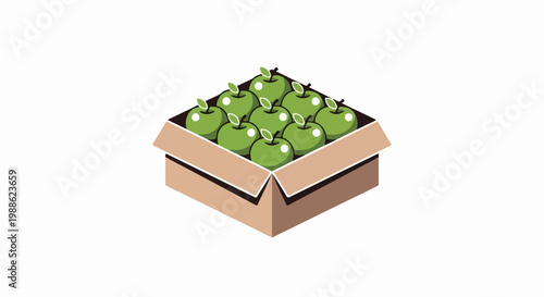 A box of crisp green apples is neatly arranged for sale