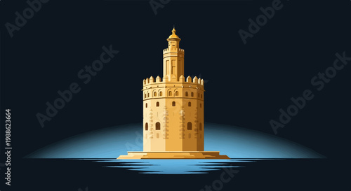 A golden, turreted tower stands tall, reflected in rippling blue water under a dark sky