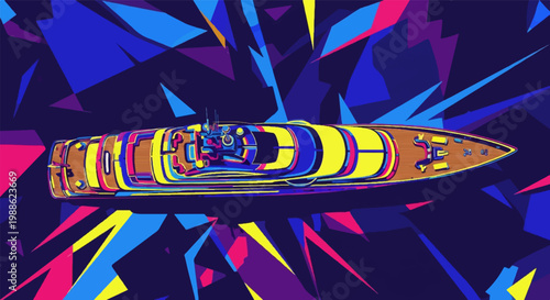 Vibrant, abstract, pixelated yacht design with bold geometric background