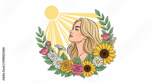 A blonde woman with flowing hair looks upwards bathed in sunlight, surrounded by a wreath of colorful flowers