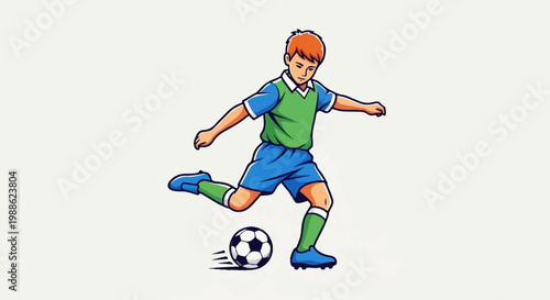 A young boy in a green and blue jersey kicks a soccer ball