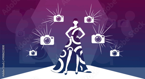 Fashion model on runway, surrounded by cameras and spotlights, evening backdrop