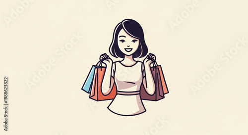 Cheerful woman with dark hair wearing a light dress, holding four colorful shopping bags