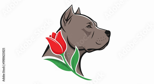 A stylized illustration features a muscular dog's head with a red tulip