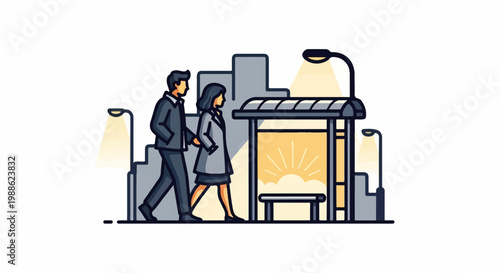 Businesspeople walk towards a bus stop with cityscape and sunrise backdrop