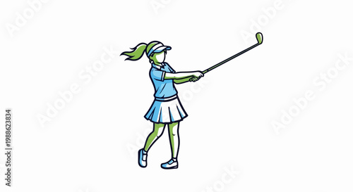 Golfer swings club with ponytail blowing in the wind