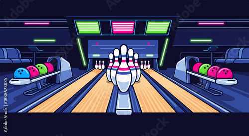 A bowling alley with pins, balls, and seating under neon lights