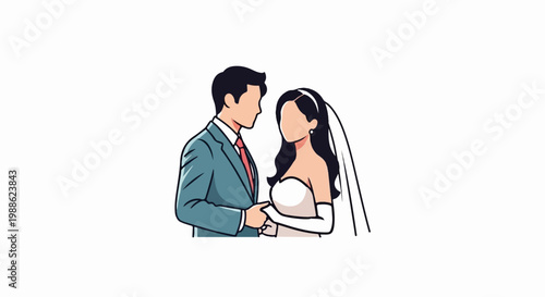 A couple in wedding attire, looking at each other, hands clasped