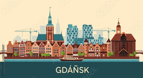 Stylized cityscape with historic buildings, modern structures, and a boat on the water