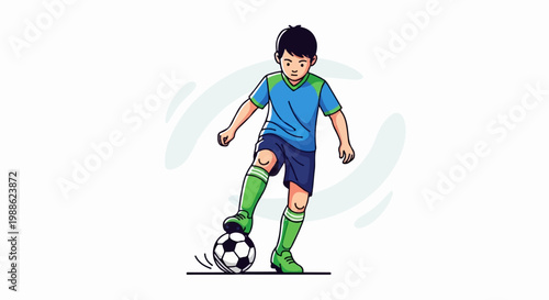 Animated boy in blue and green jersey plays soccer with a ball