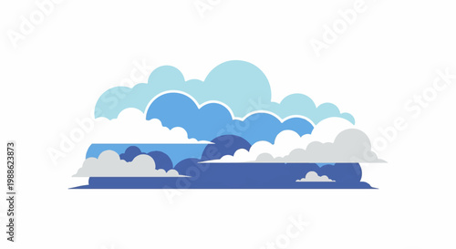 A stylized, layered illustration of cumulonimbus clouds in varying shades of blue, white, and gray