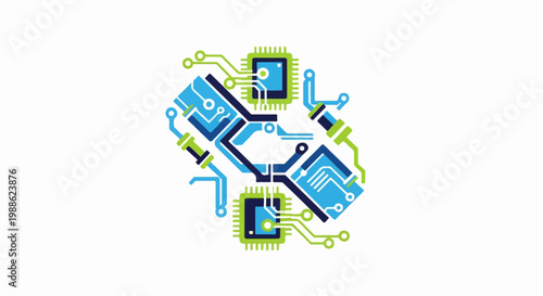 Abstract digital circuit board elements with chips and lines in blue and green