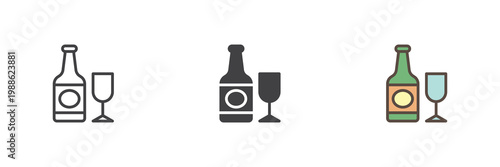 Champagne bottle and glass icon in line and solid style. Outline and filled vector sign with editable stroke. Party drink symbol icon for celebration and toast.