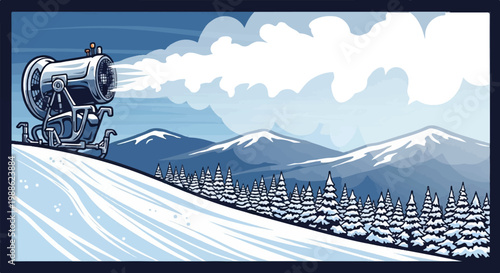 A snow machine on a ski slope creates snow amidst a winter mountain landscape