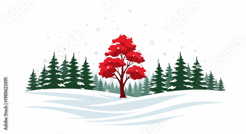 A stark red tree stands amidst snow-dusted evergreen pines under a falling snow