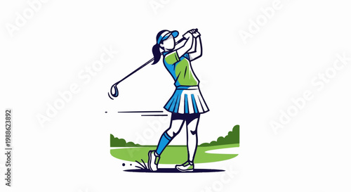 Stylized female golfer in mid-swing on a green course