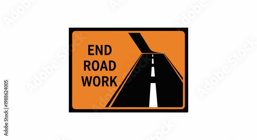 Orange rectangular sign with "END ROAD WORK" text and a black road graphic indicating completion