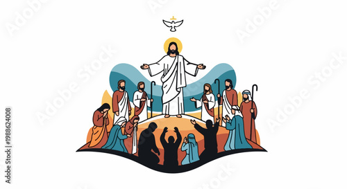 Religious ascension scene with a central figure surrounded by disciples and a dove above