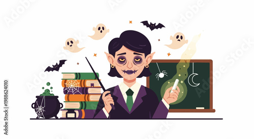 A spooky figure with pointed ears and dark circles, holding a wand