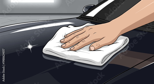 A hand wipes a shiny dark surface with a white cloth