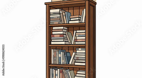 A cartoon wooden bookshelf overflowing with various stacked and upright books in muted colors