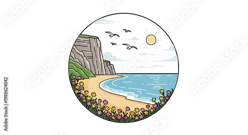 A stylized coastal scene shows a sandy beach, gentle waves, and a rocky cliff under a sunny sky with birds