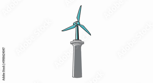 A stylized wind turbine with teal blades stands atop a grey column structure against a white background