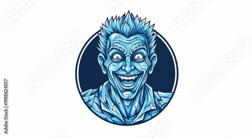 A pixelated, icy-blue face with a wide, toothy grin and spiky hair
