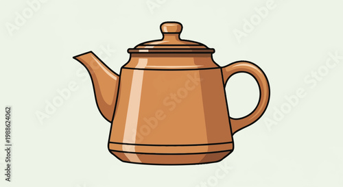 A brown earthenware teapot with a lid and spout, depicted on a light green background