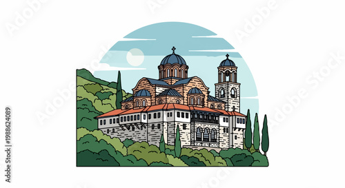 An illustrated monastery with domes and a bell tower, nestled amidst lush green hills under a pale sun