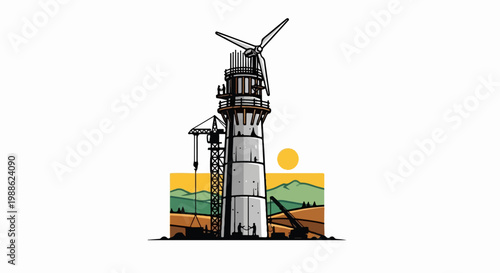 Wind turbine construction in a scenic rural landscape with a rising sun