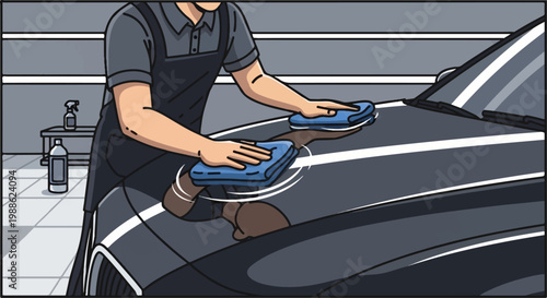 Person polishing a dark car with blue cloths in a grey, tiled garage